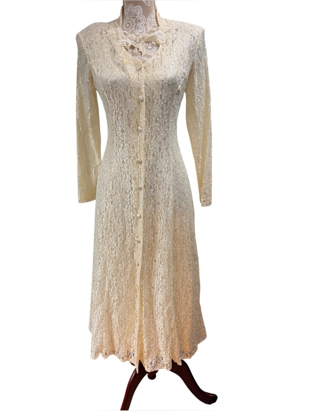 Vintage 90s Lace Midi Dress Size 4 Ivory Corset Back Wedding Cottage Romance